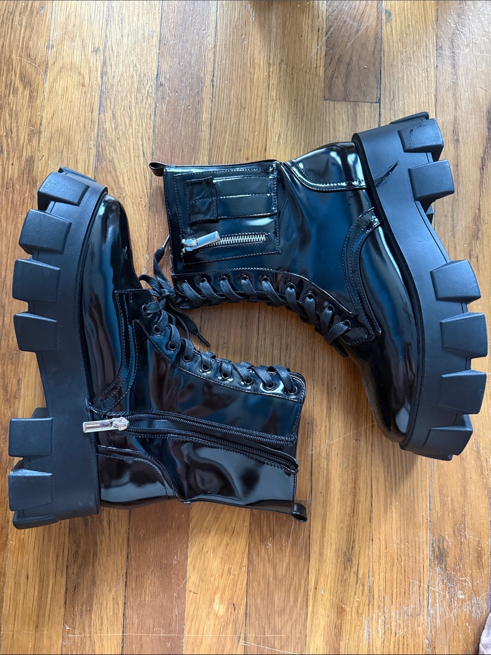 Shoe Dazzle Black Patent Lace-Up Platform Combat Boots